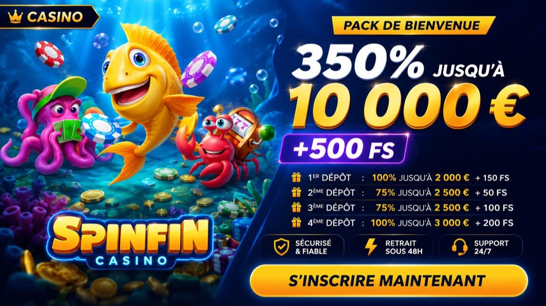 SpinFin Casino — 350 % jusqu'à 10 000 € + 500 free spins